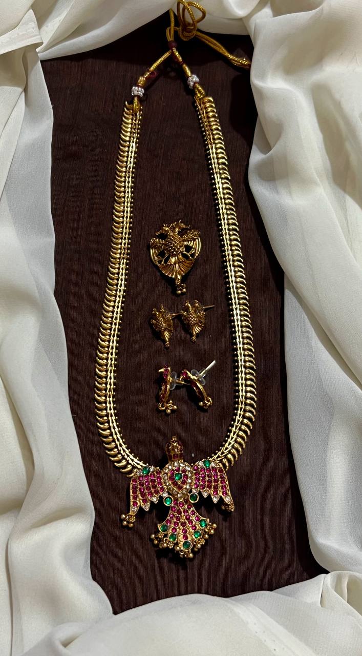 Long Chain With Gandaberunda 2 pendants and earrings -NH00515