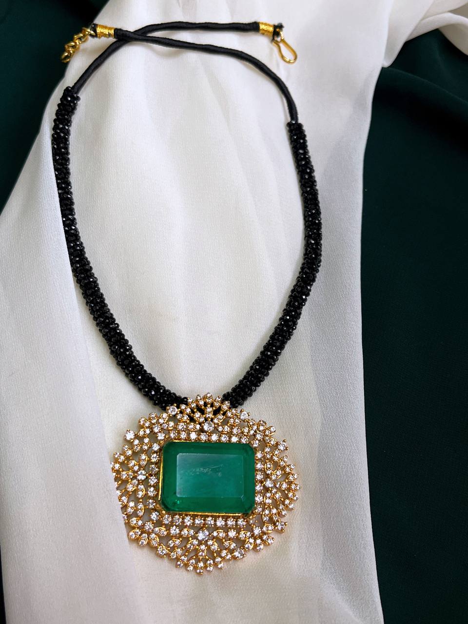 Black Beads Chain With Emerald Pendant - BD005