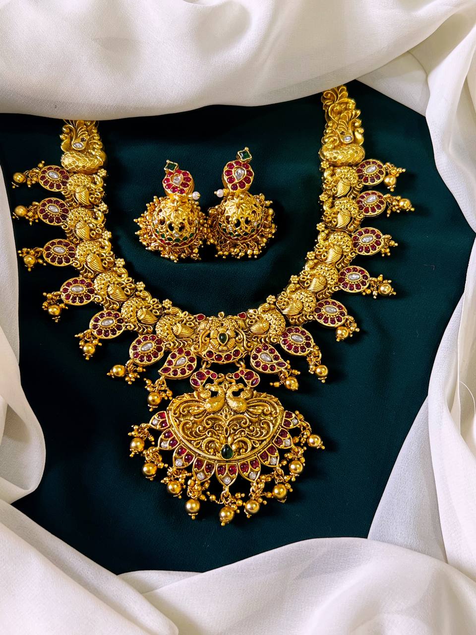 Lakshmi Pendent with Peacock in Nakshi Necklace - NN0090