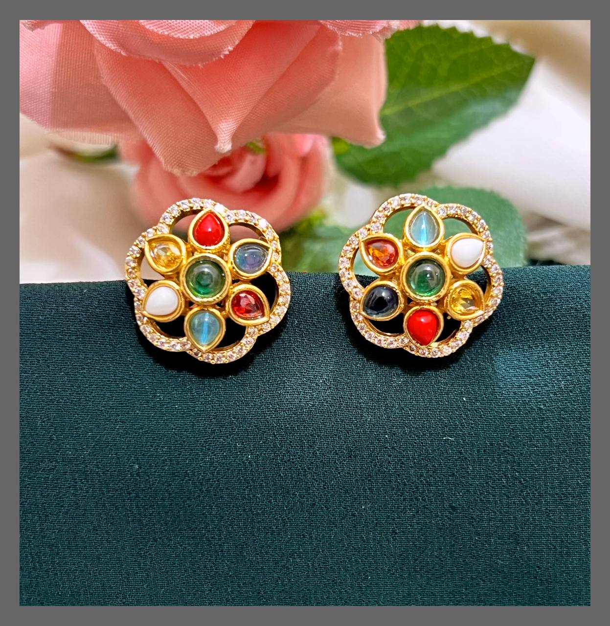 Multi Color Flower Stud In Nakshi - NE00421