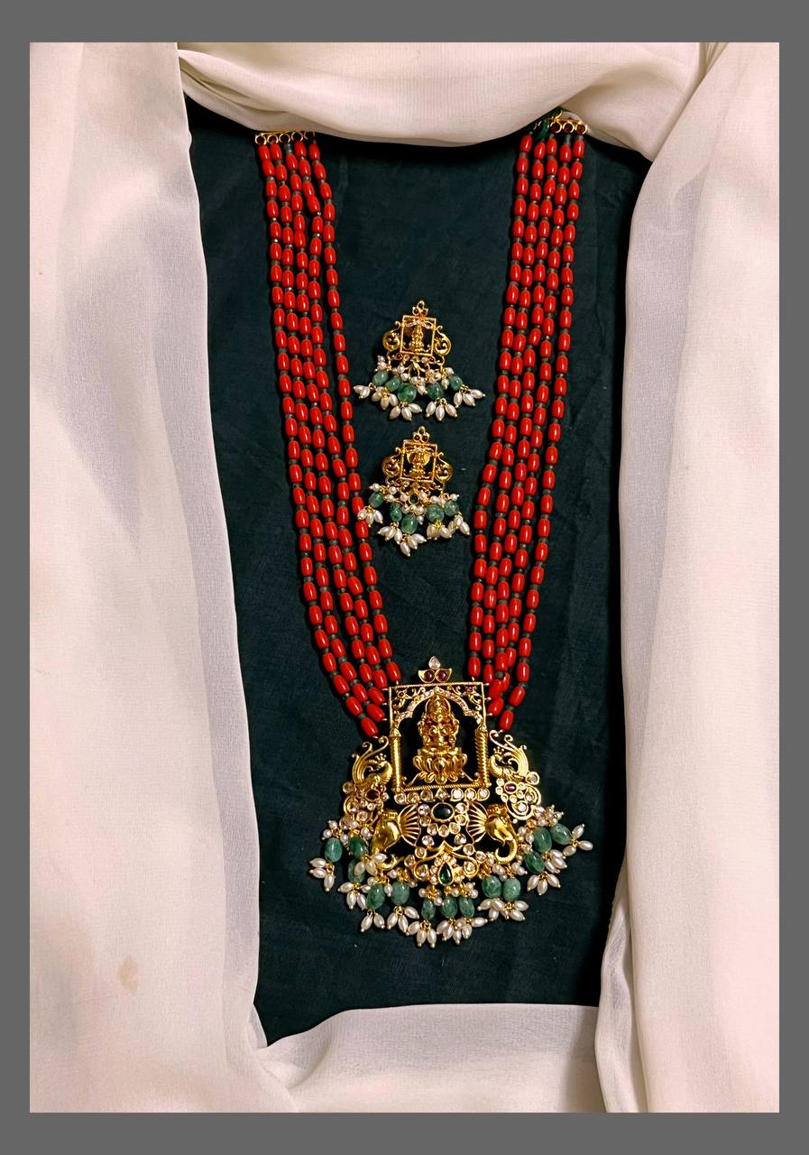 Beautiful Red Pearl Haram with Lakshmi Pendant - PB00280