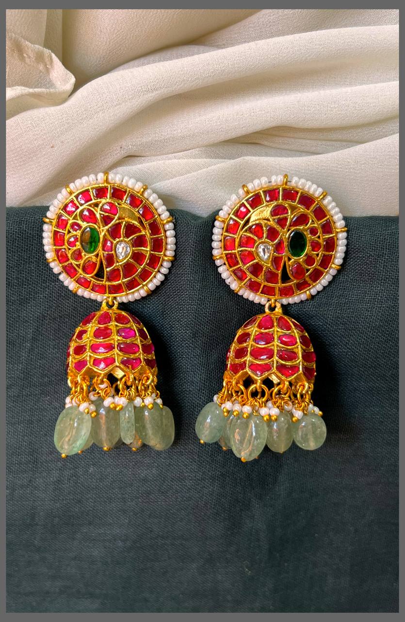 Mango Ruby with white Pearl Jhumki in Kundan Earring - KE00547