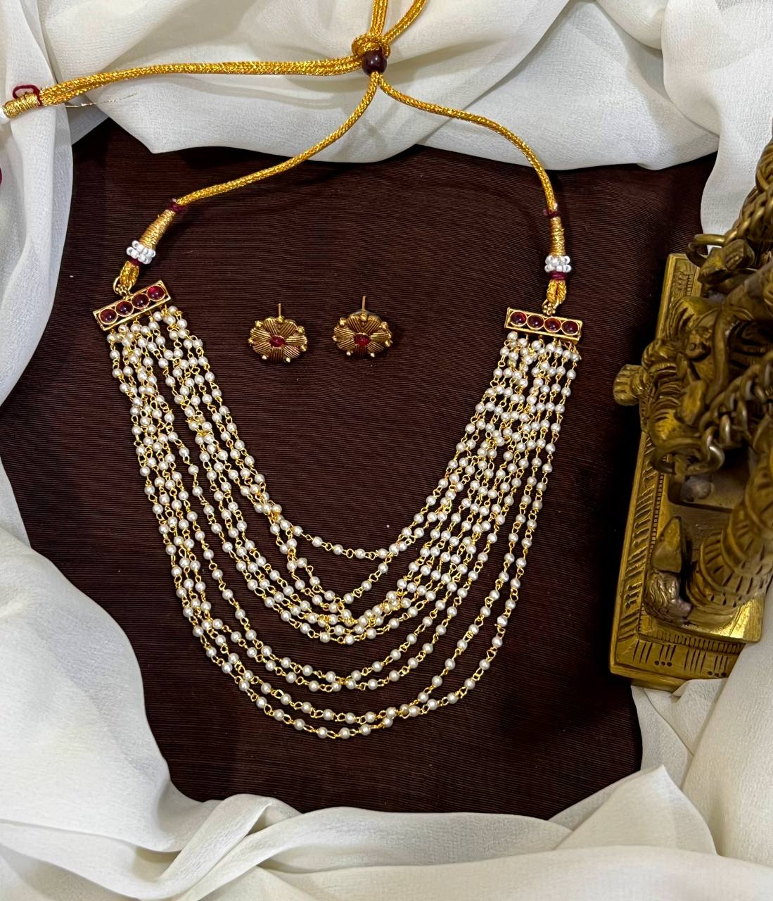 Pearl Layer Necklace With Kemp Stone And Earrings - NN0017
