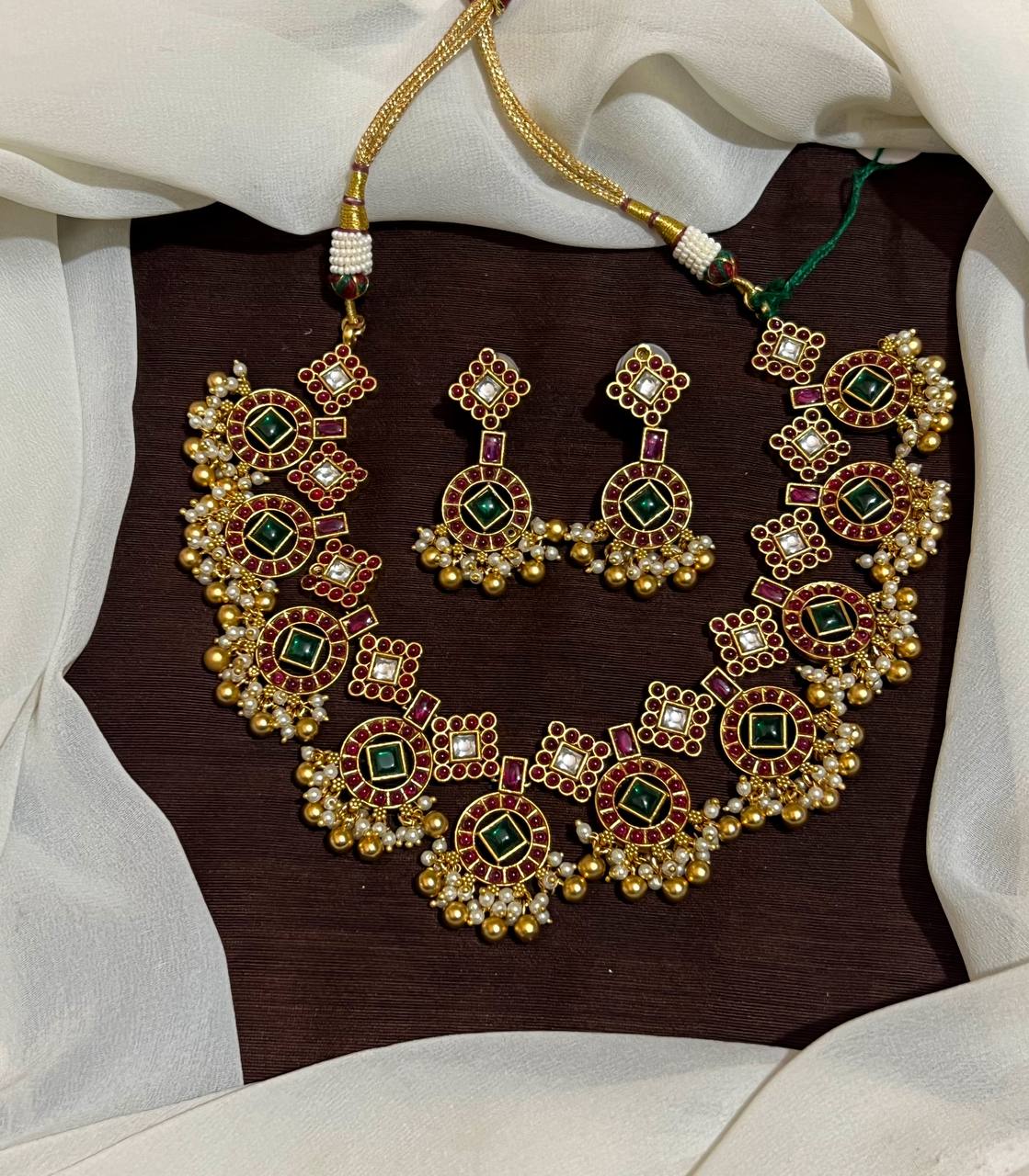 Kempu Necklace In Nakshi with Pearls - NN00628