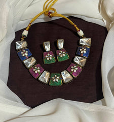Multi Colored Mozonite Necklace in Victorian Polish With Earrings - VN00206