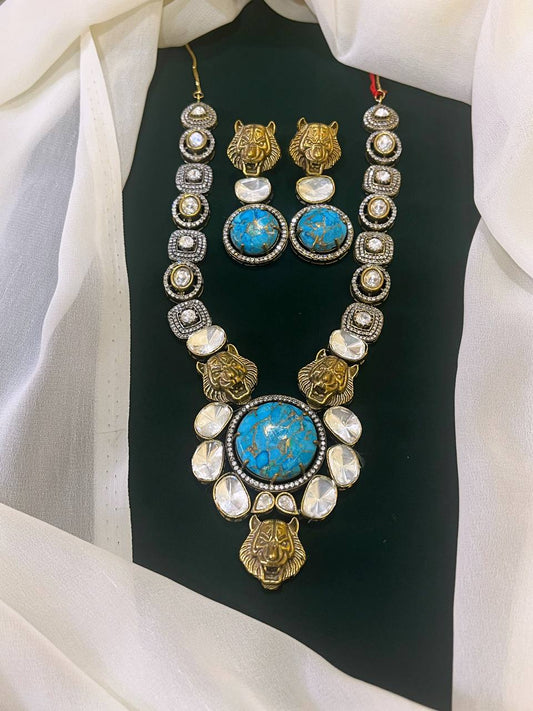 Elegant Victorian Sabyasachi Turquoise Haram with Earrings - VH0013