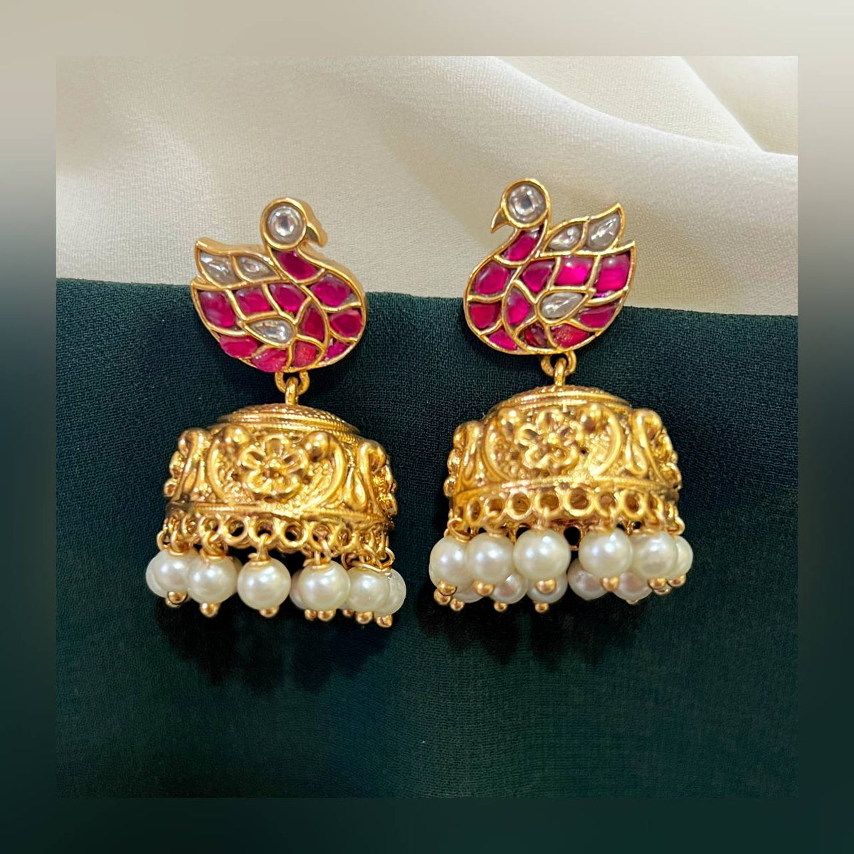 Beautiful Swan In Ruby Jadau Kundan Jimika - KE00111