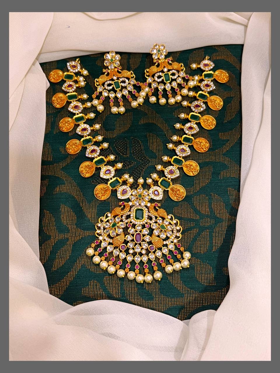 Beautiful Peacock Necklace With White Pearl In Nakshi - NN00325