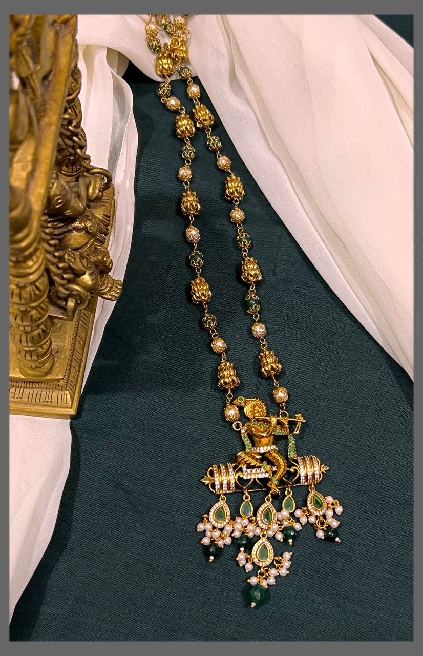 Pearl Emerald Nakshi Ball Krishna Pendant Set - PB00372