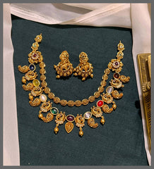 Double Layer Necklace with Multi stone and Peacock in Nakshi - NN00661