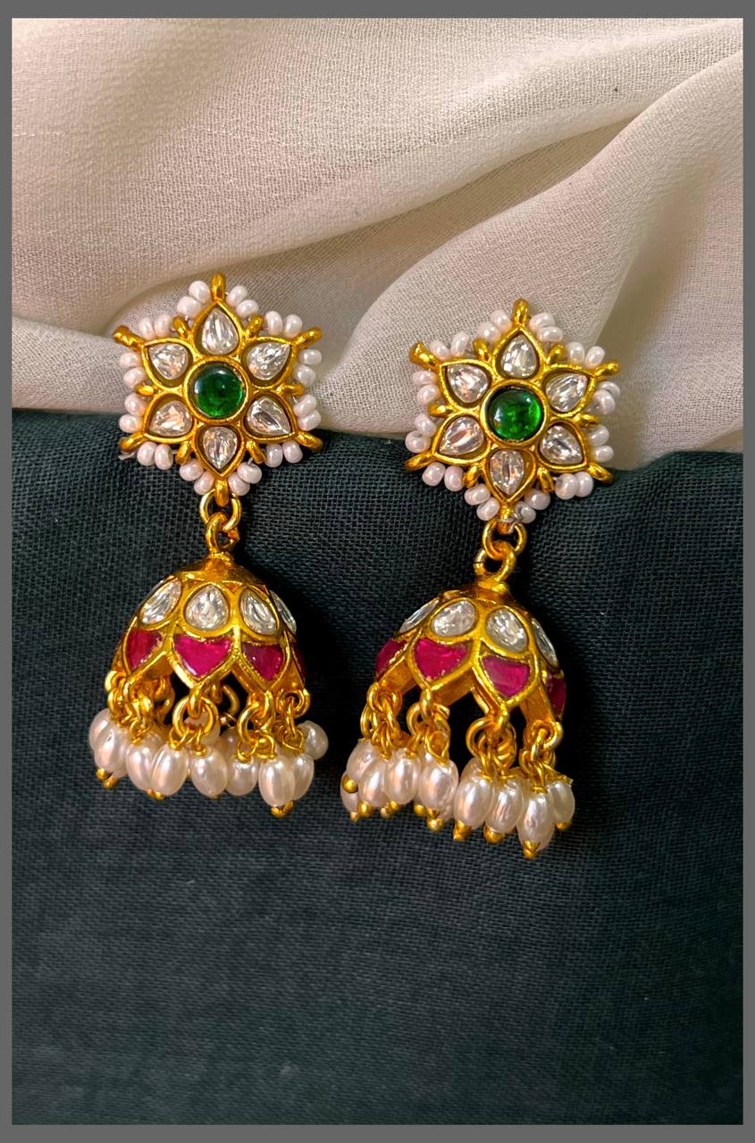 White Flower Stone Jhumki in Kundan Earring - KE00548