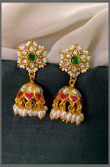 White Flower Stone Jhumki in Kundan Earring - KE00548