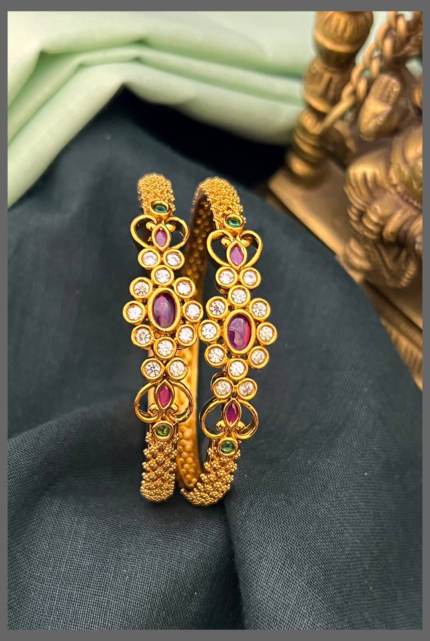 Ruby and White Stone Bangles in Nakshi - BG00546