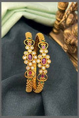 Ruby and White Stone Bangles in Nakshi - BG00546