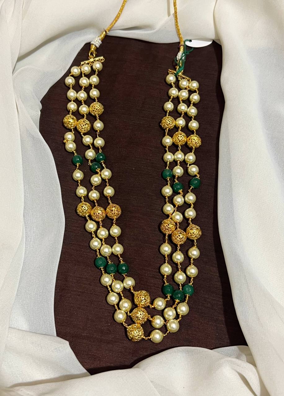 3 line White Emerald And NAkshi Balls Haram - PB0075
