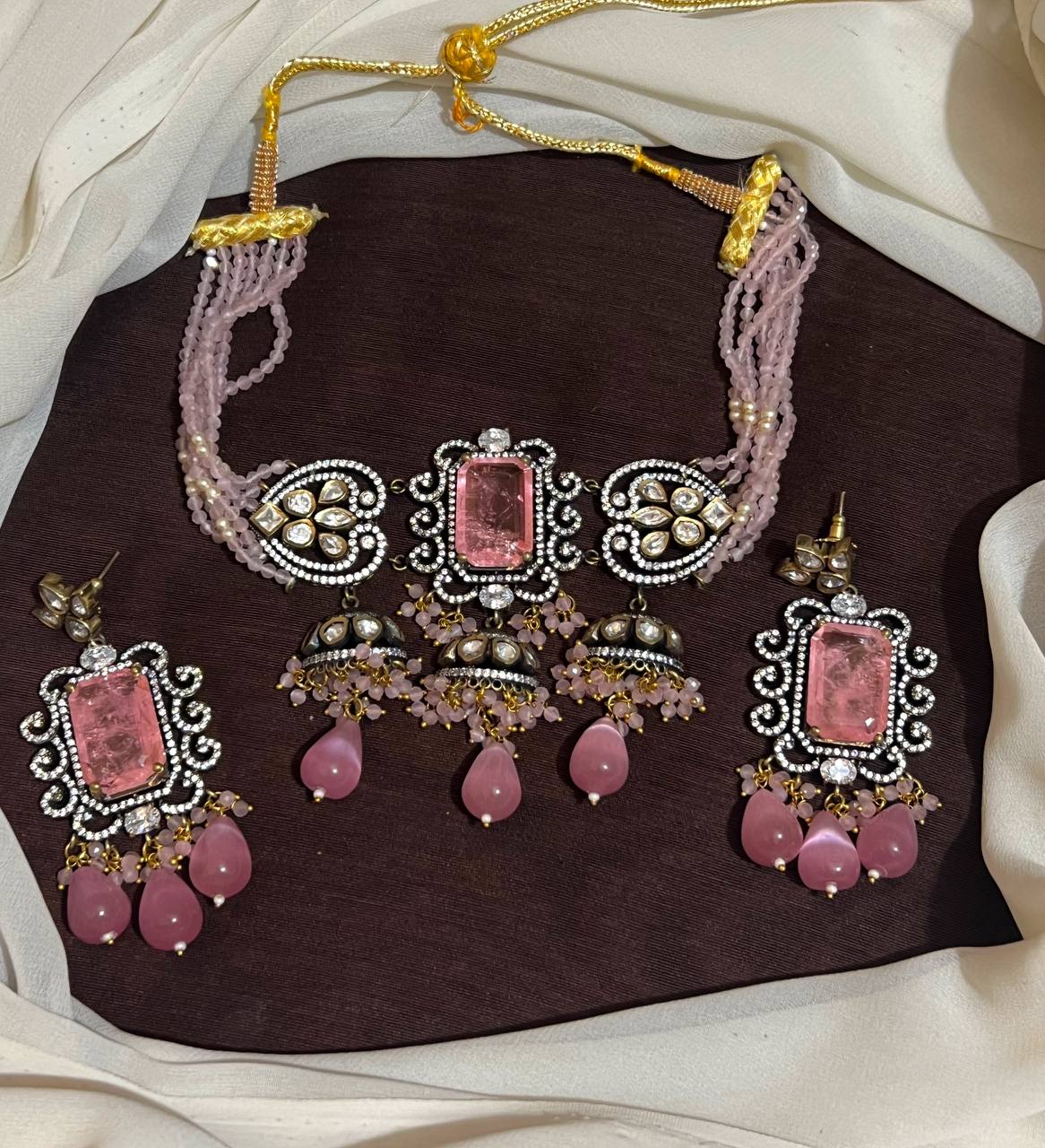 Baby Pink beads Mozonite Set With Earrings - PB00621