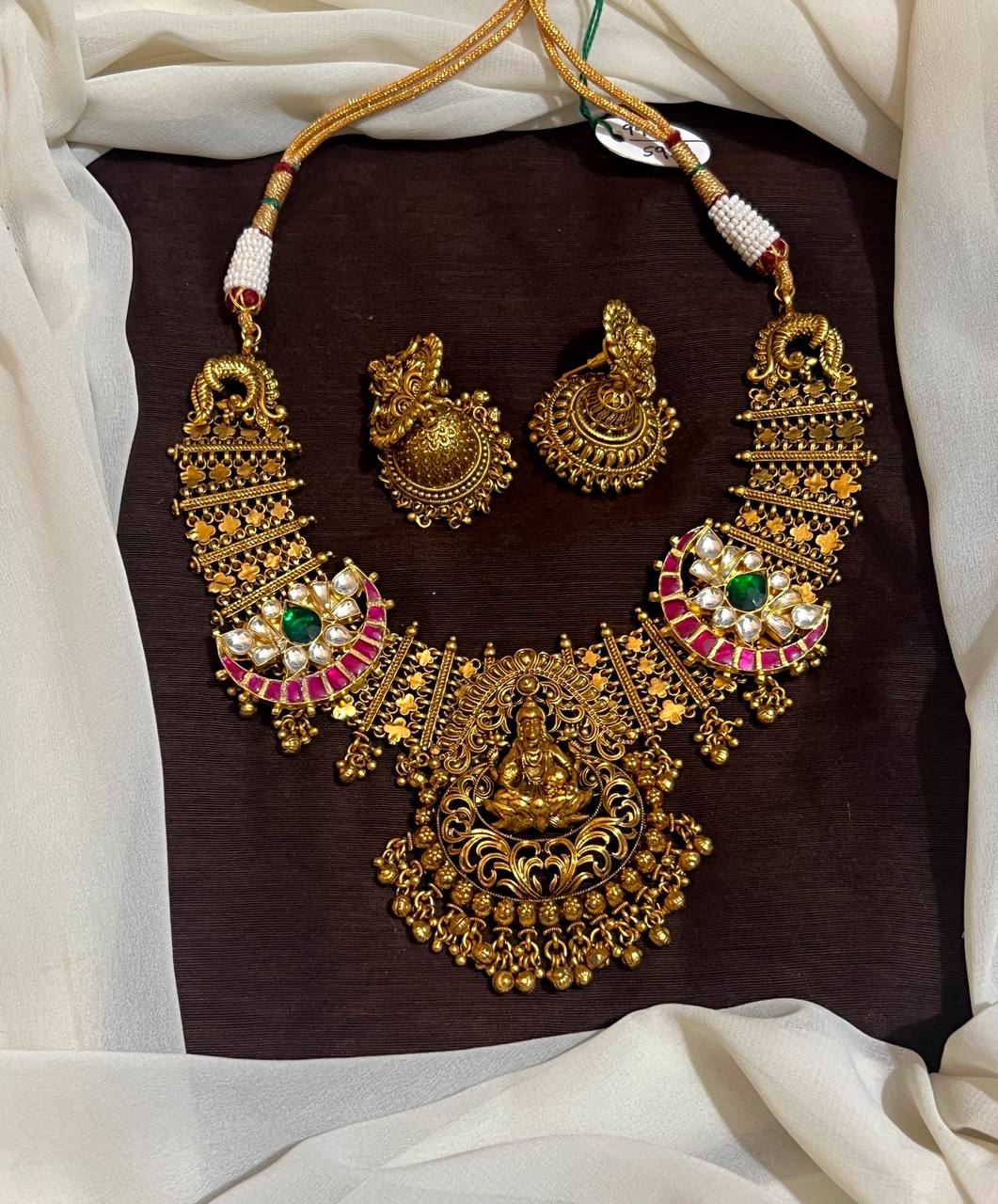 Dark Gheru Polish Lakshmi Necklace With Jadau Pendants and Packings - KN00678