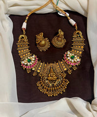 Dark Gheru Polish Lakshmi Necklace With Jadau Pendants and Packings - KN00678