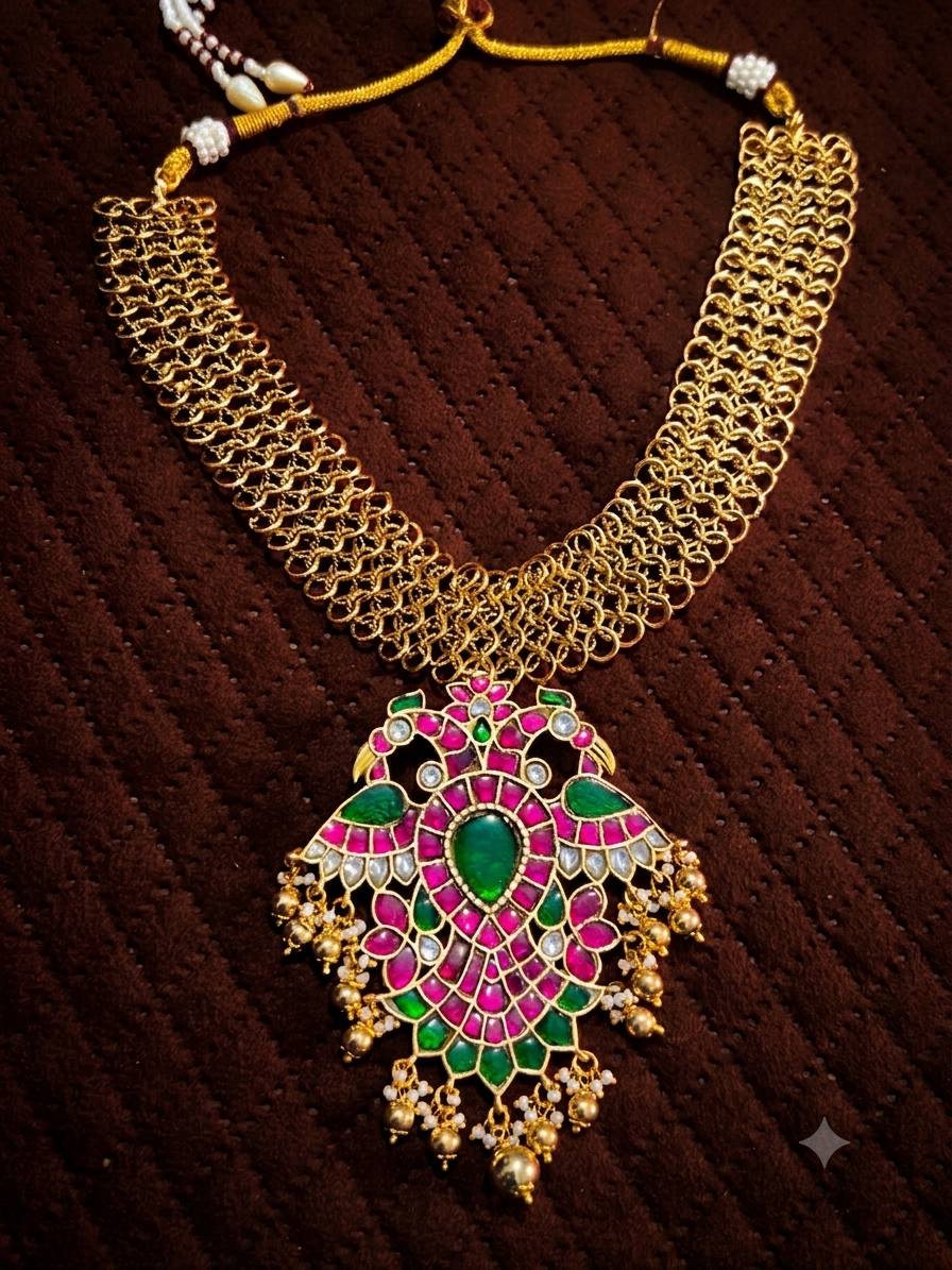 Jadau Stone Gandaberunda Pendant With back Hook and Jaali chain - KN00684