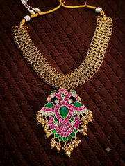 Jadau Stone Gandaberunda Pendant With back Hook and Jaali chain - KN00684