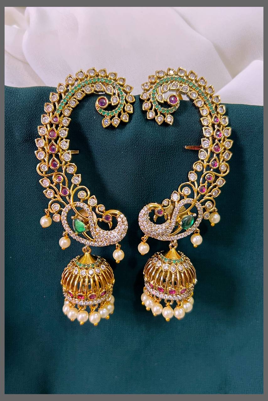 Peacock Earcuff with CZ And Mehandi Polish - NE00459