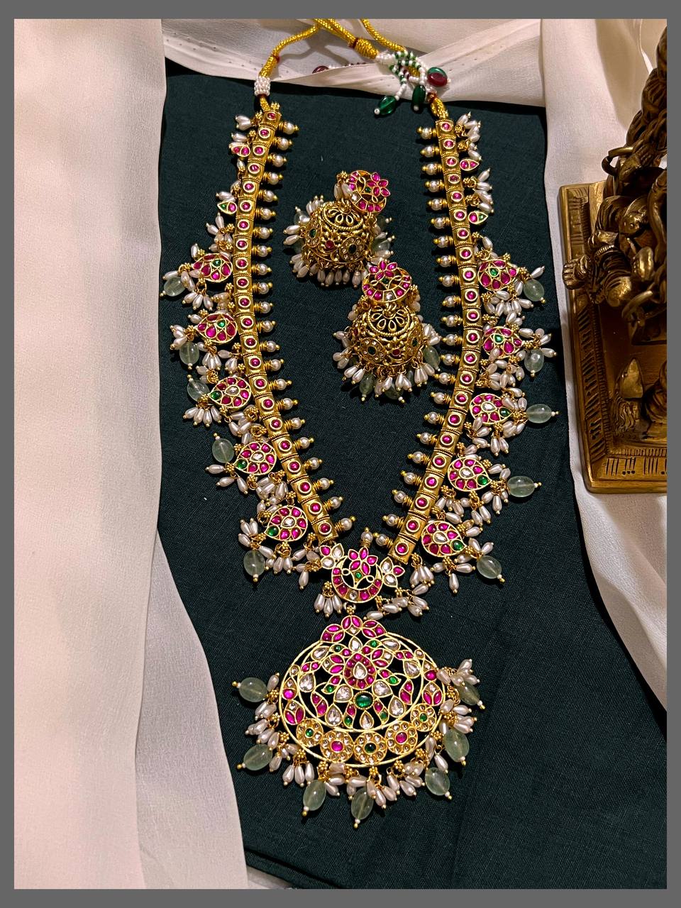 Mango with Rice Pearl Haram with Flower Pendant in Kundan - KH00330