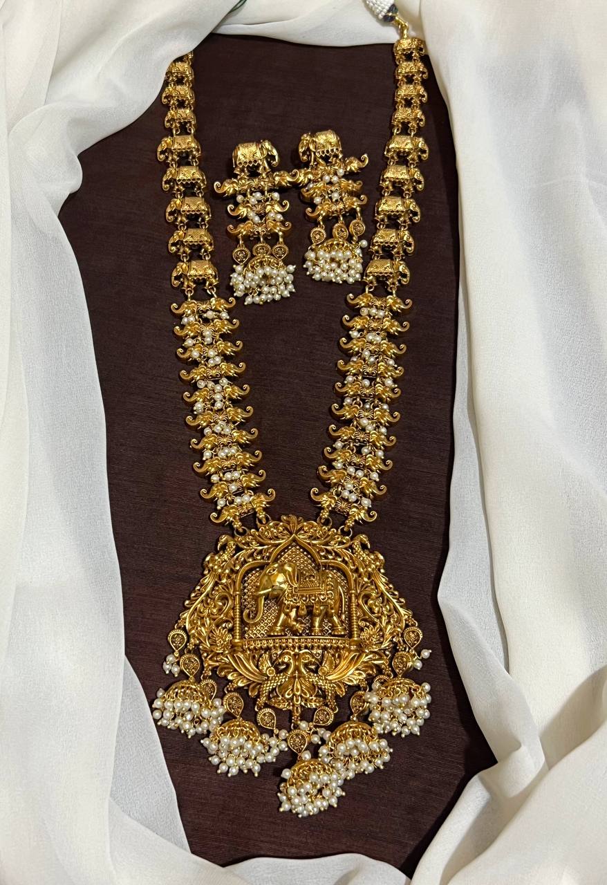 Gajanana Long Haram Wirh Pearls and elephants Side haram  - NH0001
