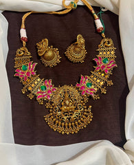 Dark Gheru Polish Lakshmi Necklace With Jadau Pendants and Packings - KN00678