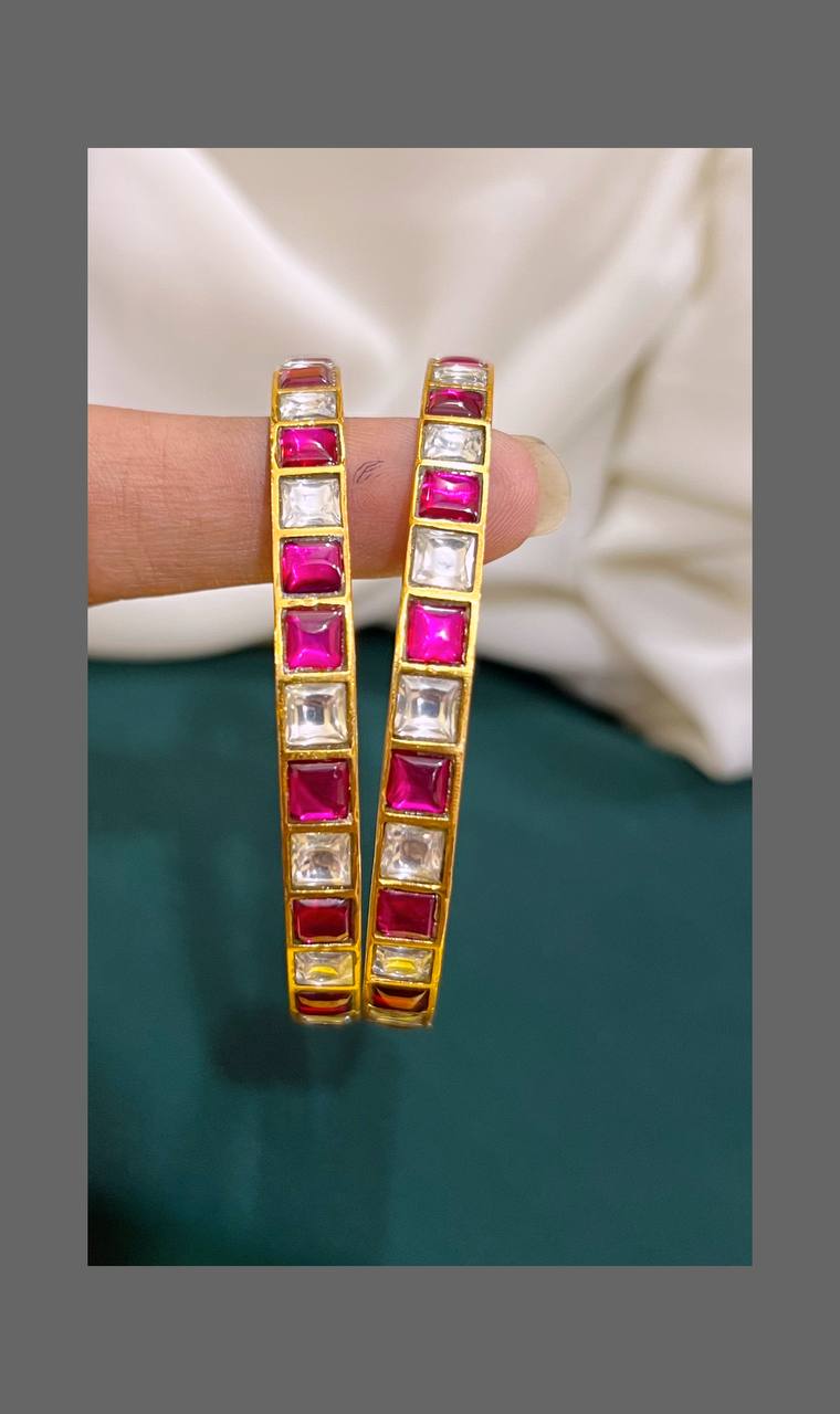 Ruby and White Stone Screw Bangles in Kundan - BG0052