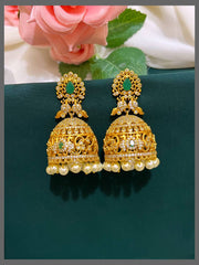Beautiful Stone Jhumki With White Pear In Nakshi - NE00393