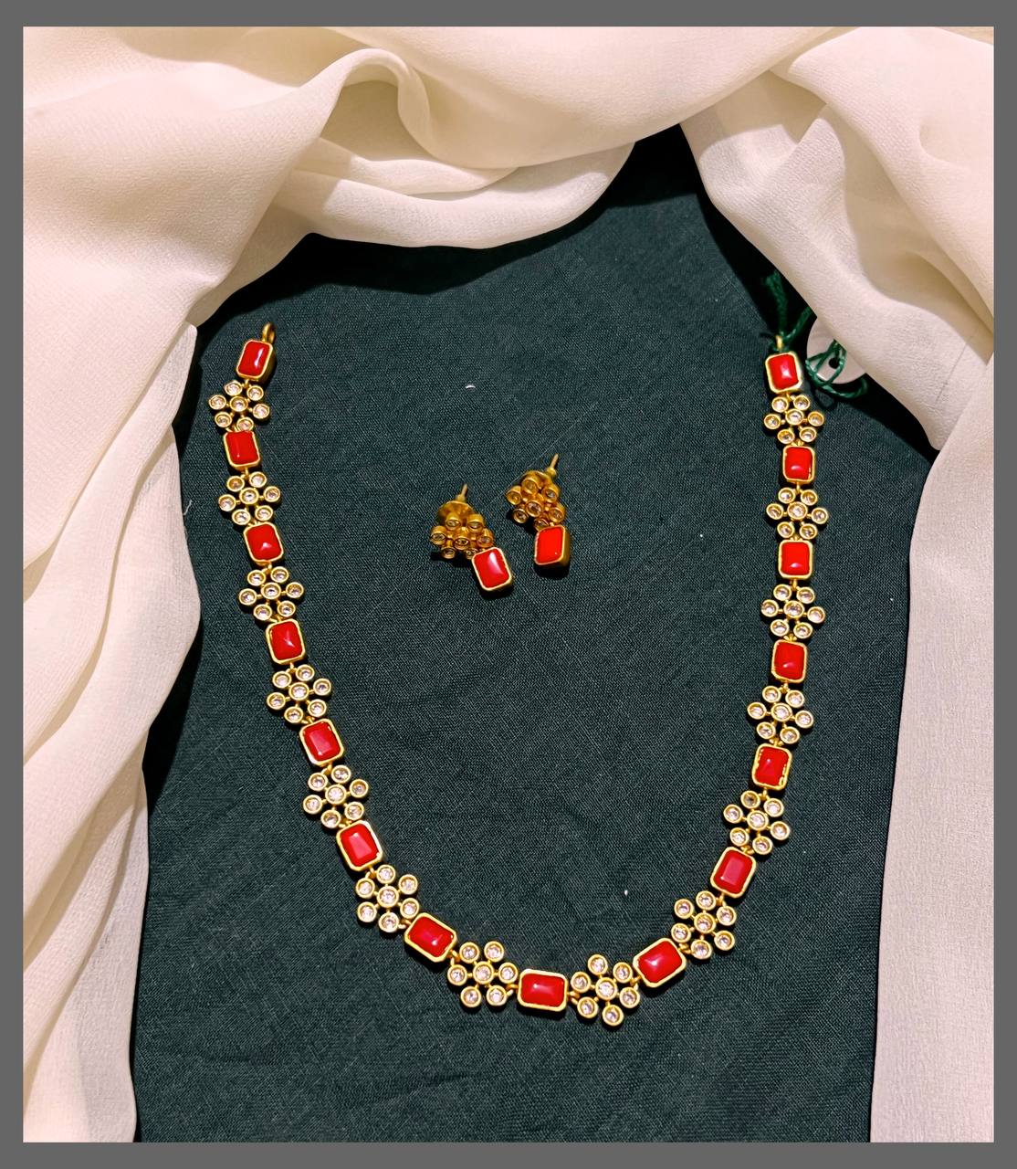 Coral and white Stone Flower Necklace in Nakshi - NN00562
