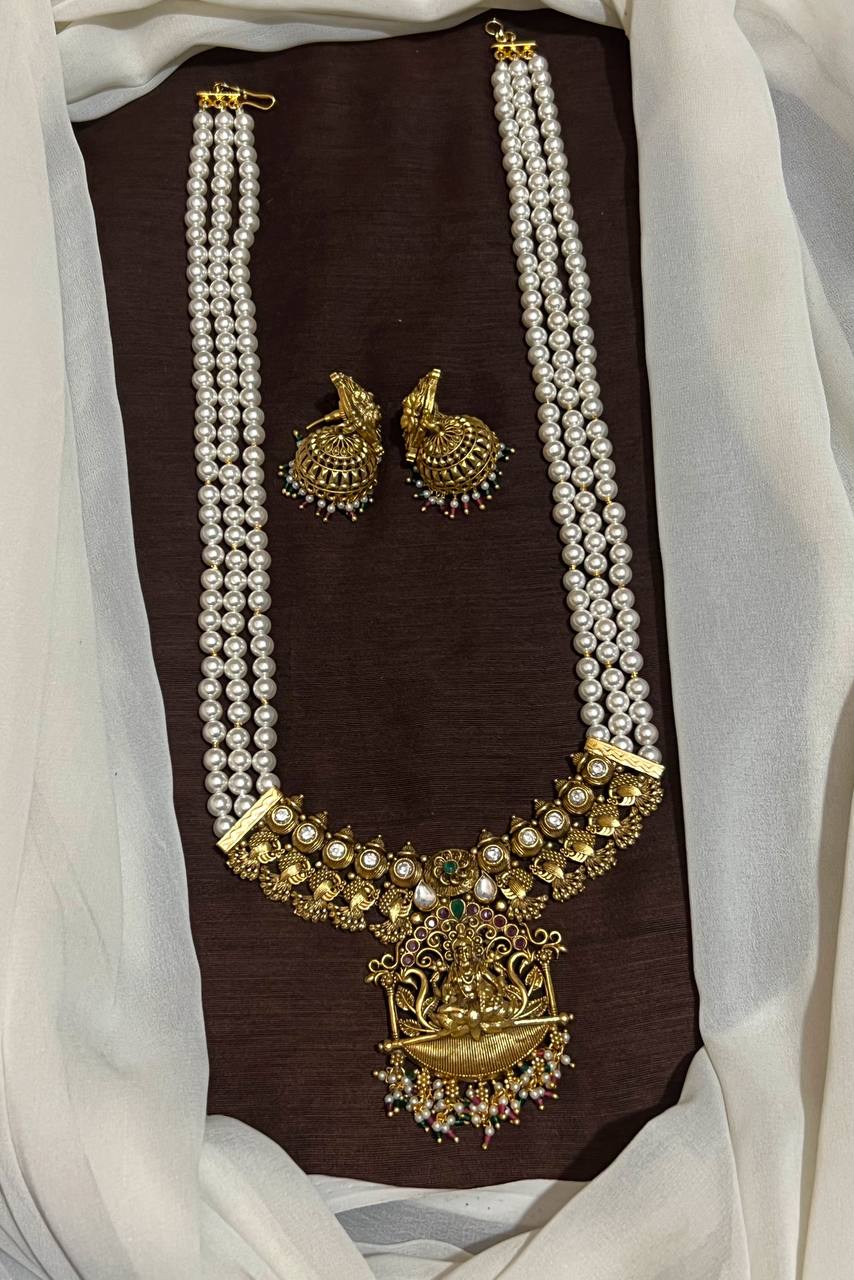 Swaroski Pearl With Lakshmi Broad Pendant and Jhumki - PB00322