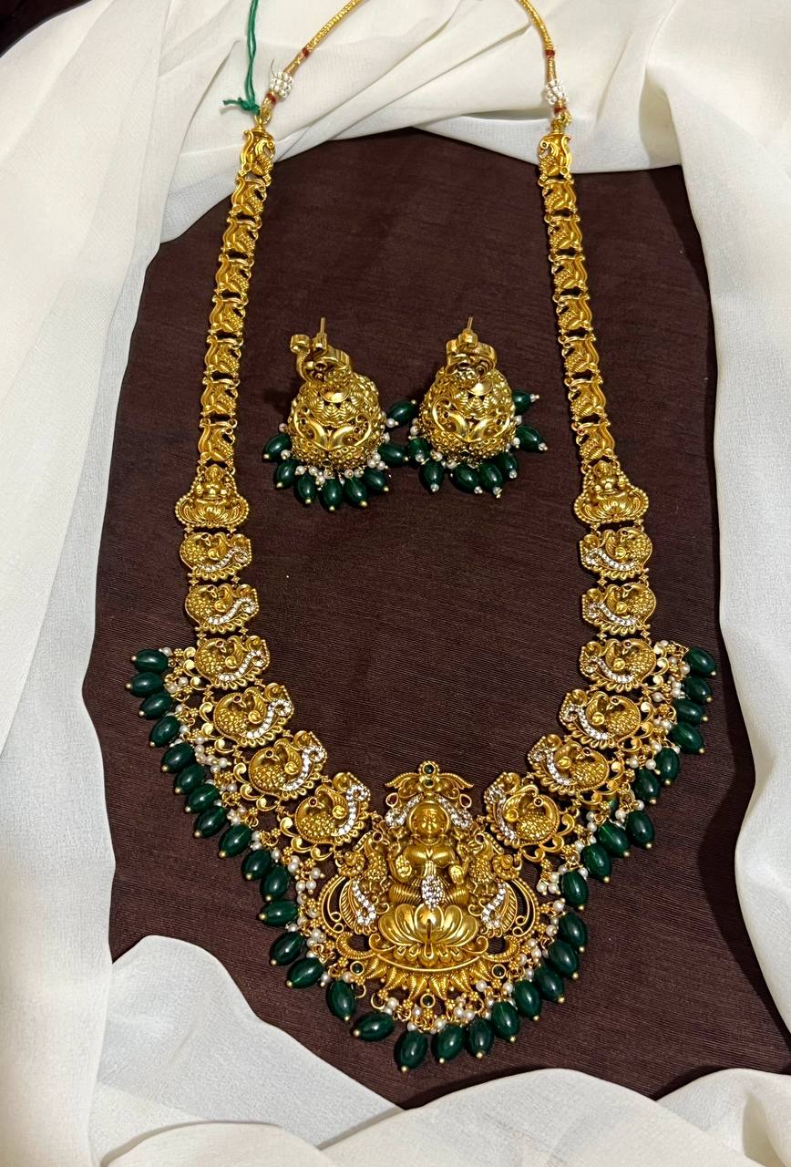 Gold polish Lakshmi Long Haram With Jhumkis - NH0014