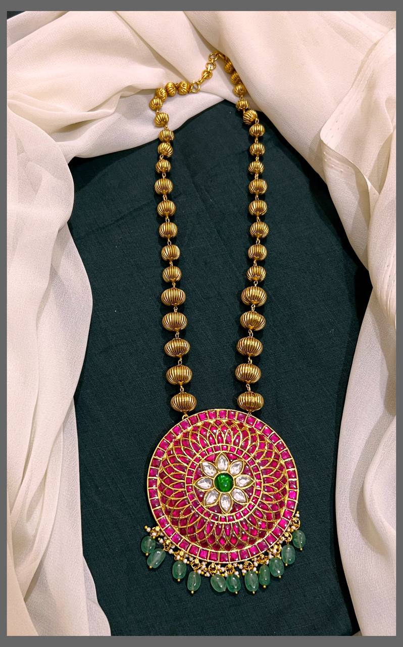 Gold Beads Haram with Beautiful Kundan Pendant - PB00260