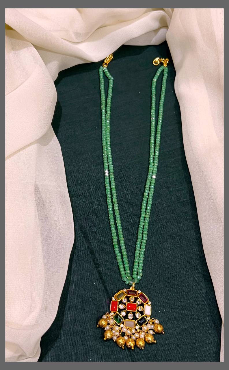 Green Pearl With Navaratna Pendant - PB00342
