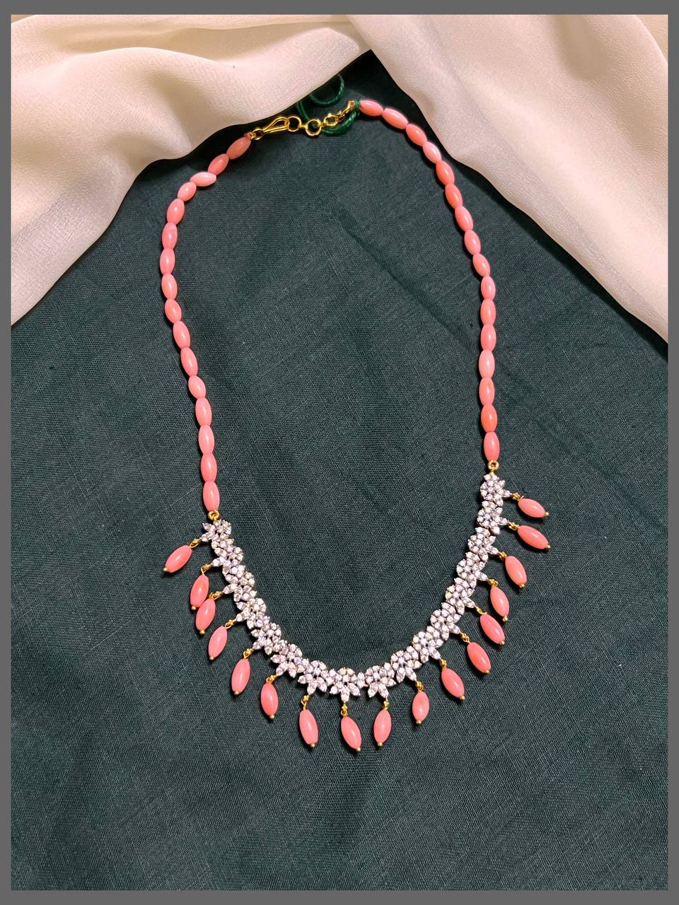 White stone Flower Necklace with Baby pink Beads - PB00375