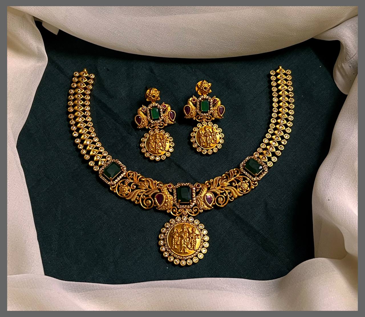 Small Ram Parivar Pendant with Peacock Necklace in Nakshi - NN00637