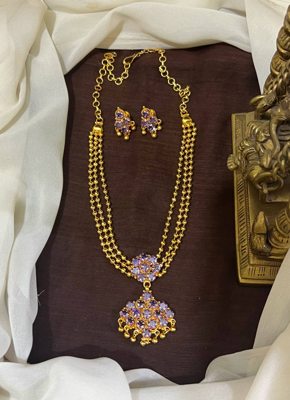 Vintage 3 line Gold Ball Panchaloha Necklace With CZ Stone Pendant - NN00982