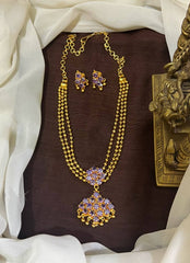 Vintage 3 line Gold Ball Panchaloha Necklace With CZ Stone Pendant - NN00982