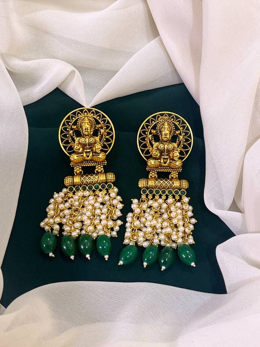 Lord Lakshmi in Emerald and Pearl Nakshi Earrings - NE0125