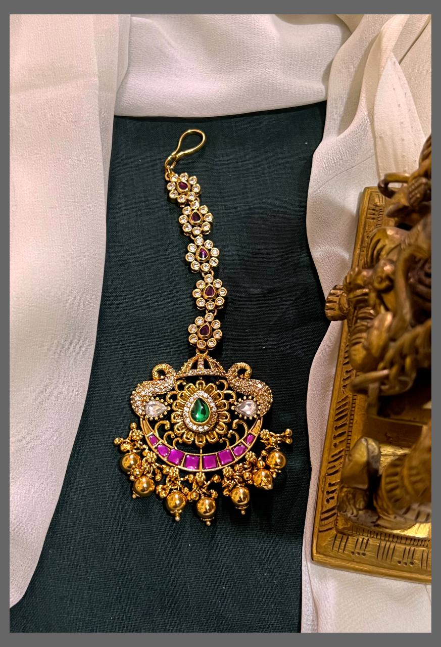 White Stone Flower Chain with Big Kundan Maang Tikka - HA00154