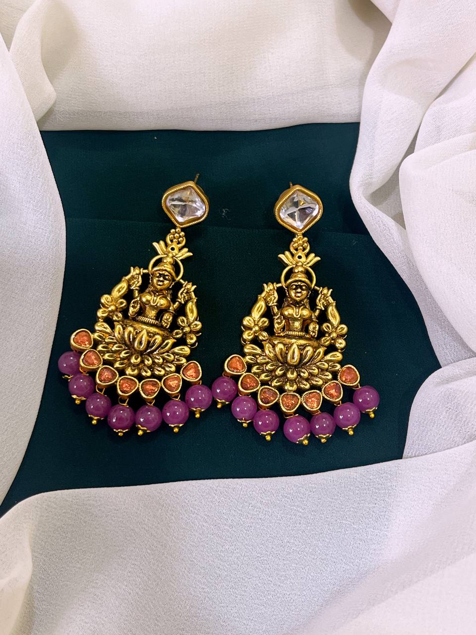 Lord Lakshmi in Purple with White Stone Nakshi Earrings - NE0129