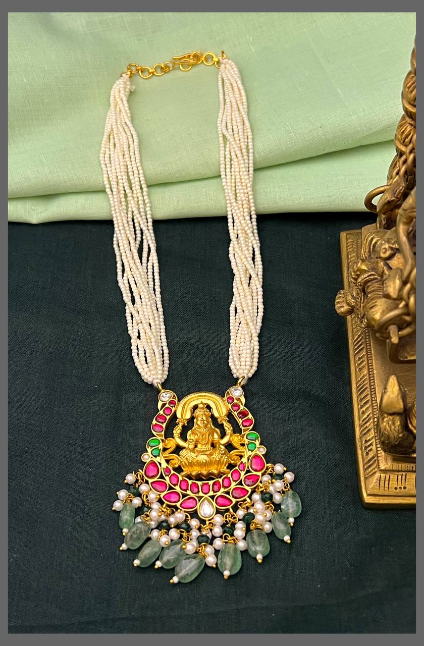 Beautiful White Pearl Haram with Lakshmi Pendant in Kundan - PB00535