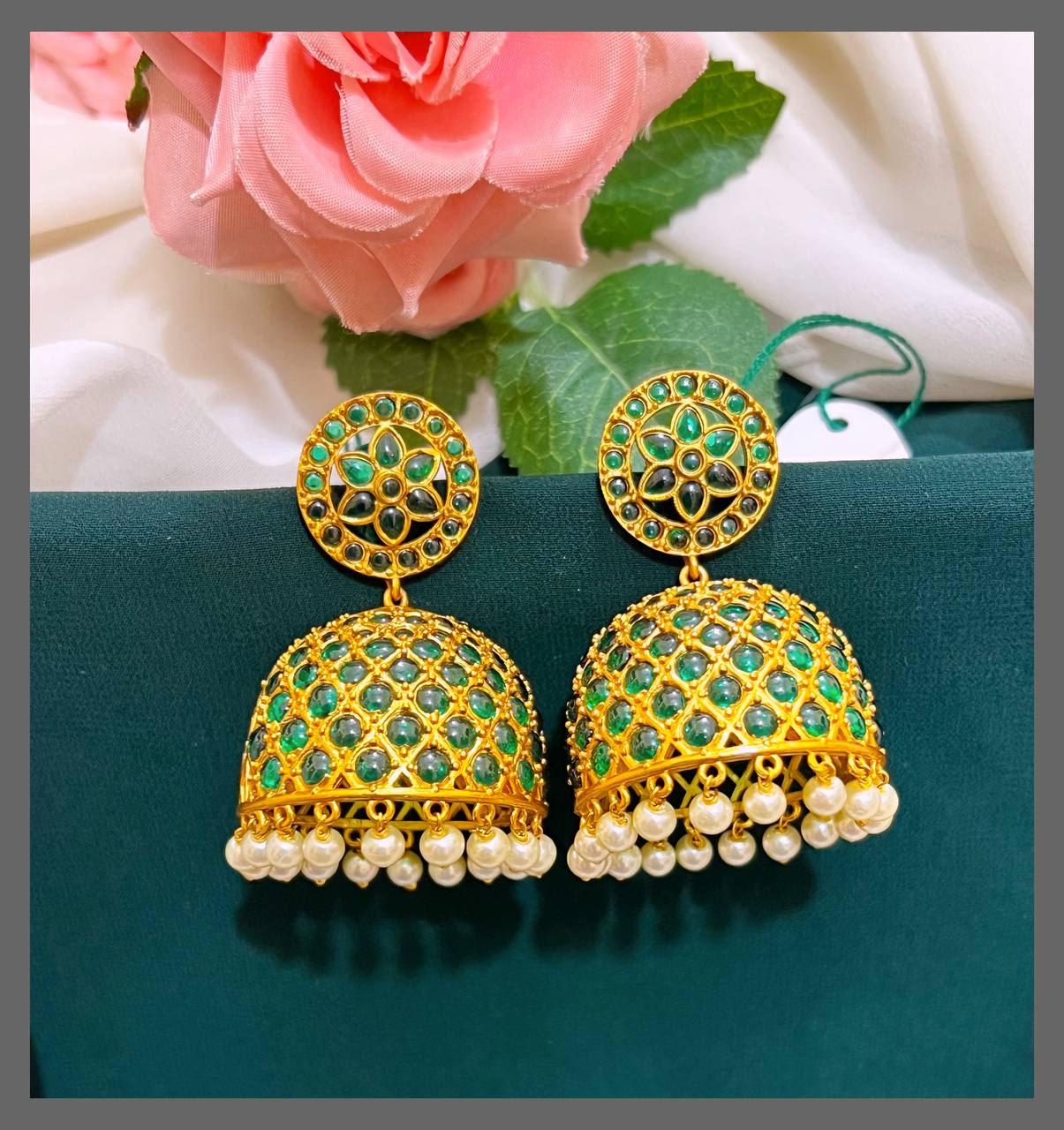 Emerald Flower Jhumki In Nakshi - NE00400