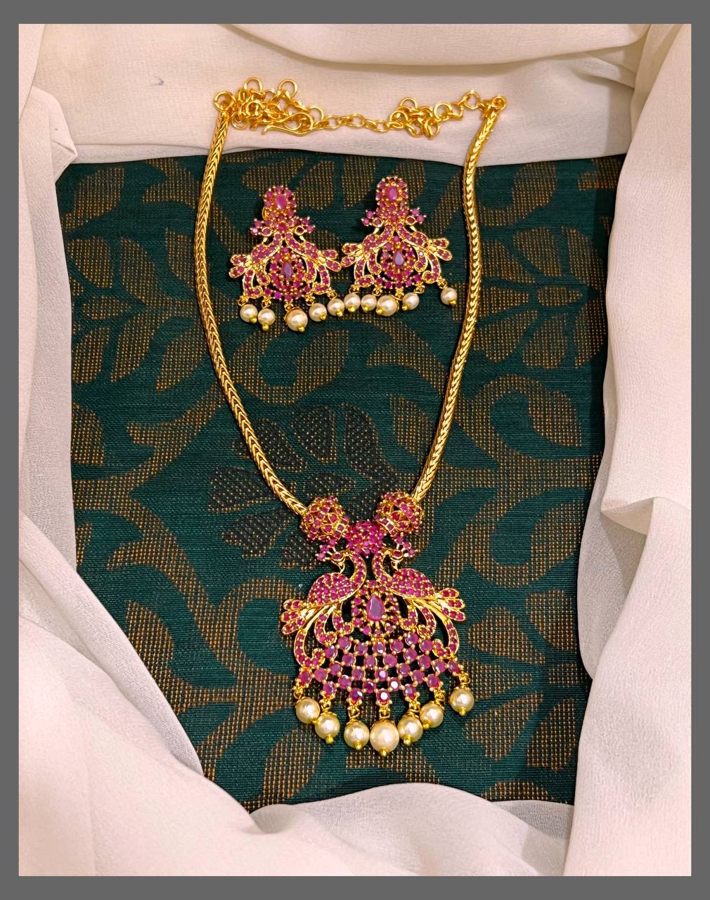 Ruby Peacock Necklace With White Pearl In Nakshi - NN00315