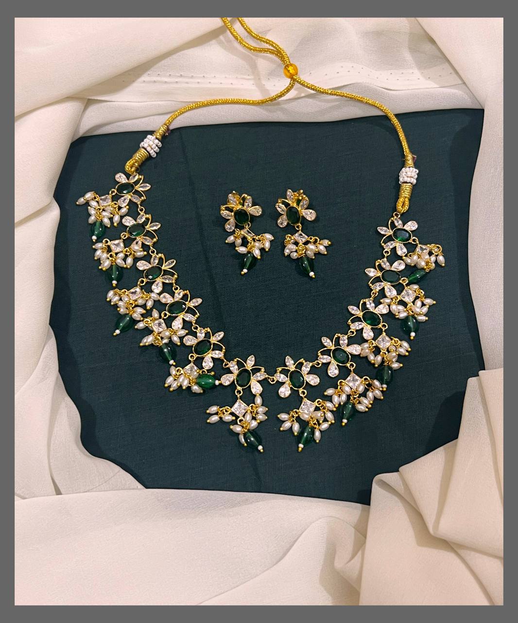 Beautiful Rice pearl and Emerald Necklace in Nakshi - NN00591