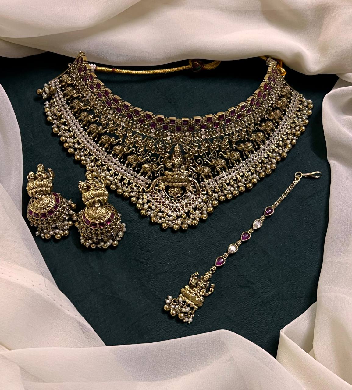 Beautiful Lakshmi and Elephant Choker With Maang tikka In White Polish - NN00633