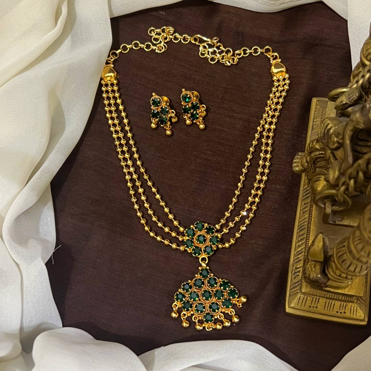 Vintage 3 line Gold Ball Panchaloha Necklace With CZ Stone Pendant - NN00982