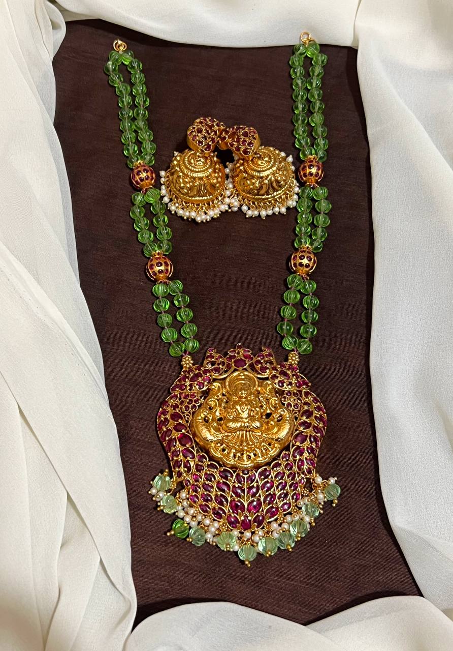 Pumpkin Beads 2 line Lakshmi Kempu Pendant Haram With Grand Jhumki - PB00212