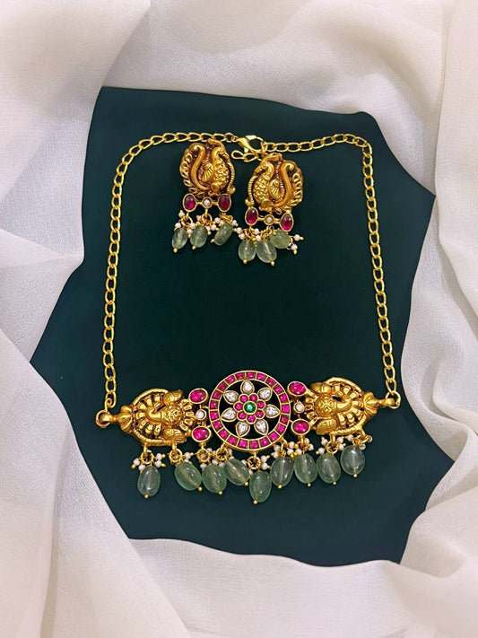 Red Flower Jadau Kundan Necklace with Earrings - KN0075